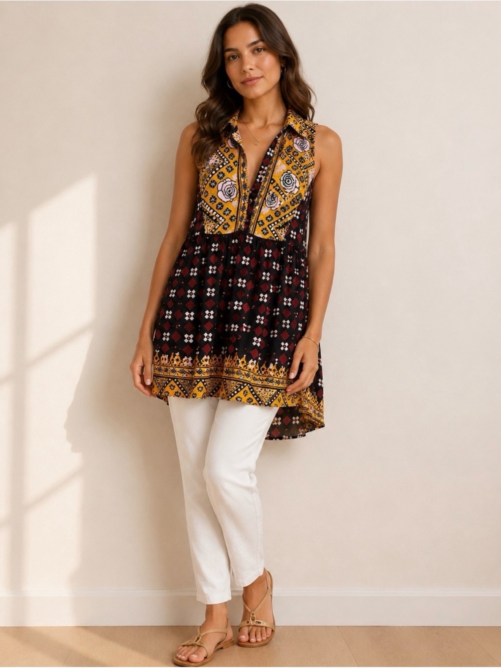 Free People Charlotte mixed-print sleeveless babydoll boho tunic top Size Large